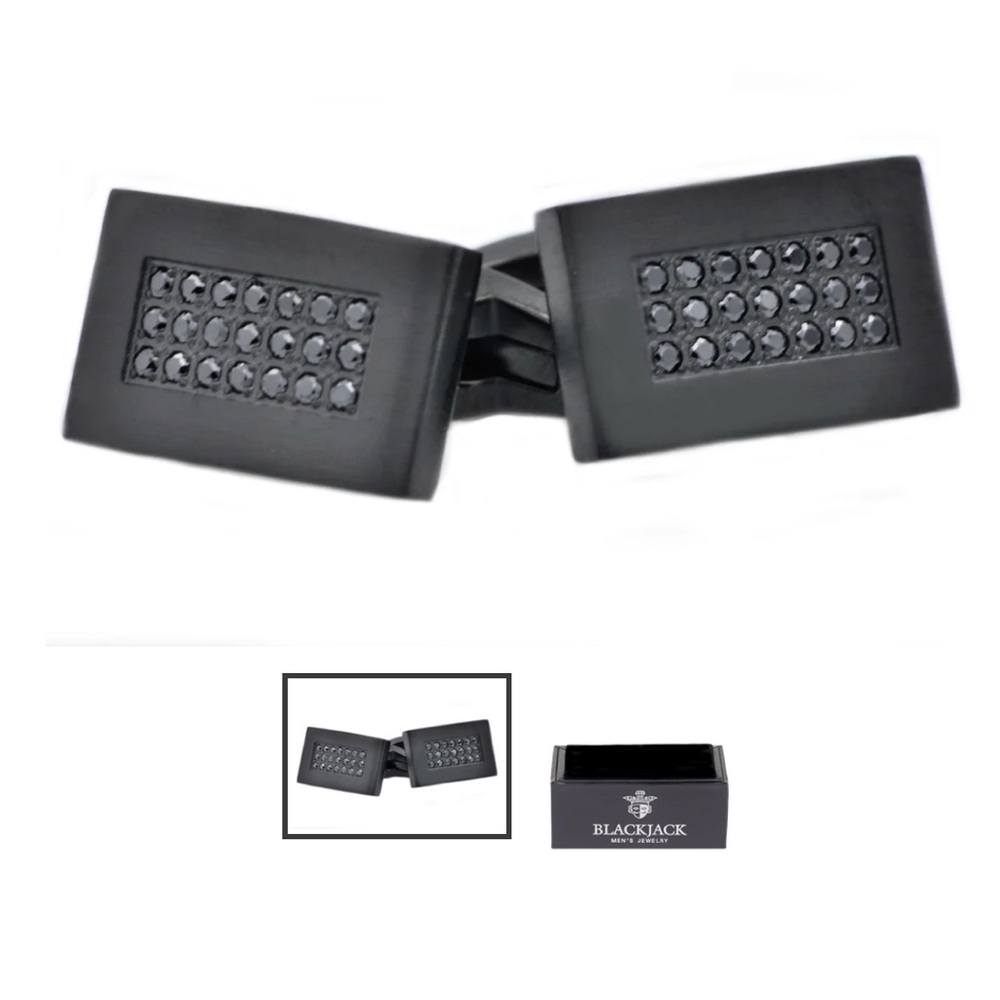 Mens Black Plated
Stainless Steel Cuff Links With Black Cubic Zirconia